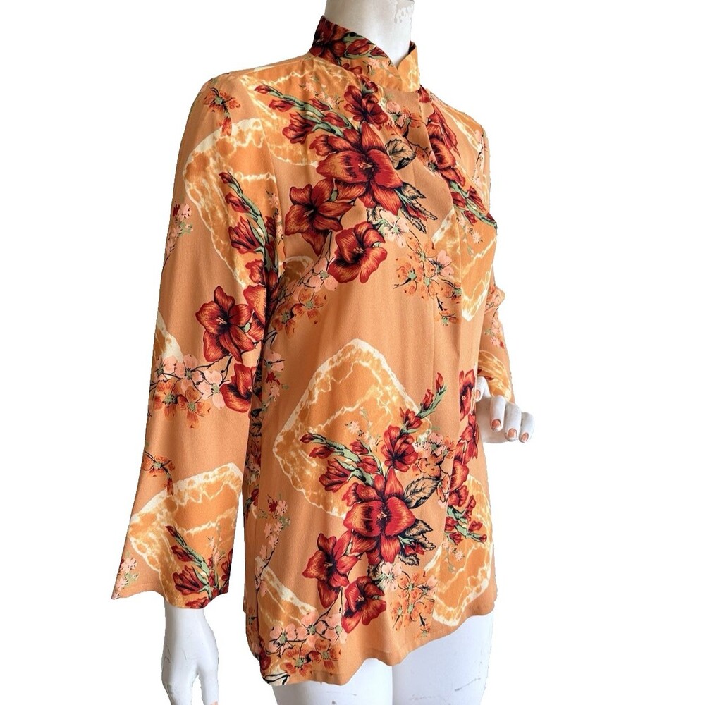 NWT $325 HARARI Silk Blouse Top Orange Floral Long Sleeve Asian Art to Wear Sz S
